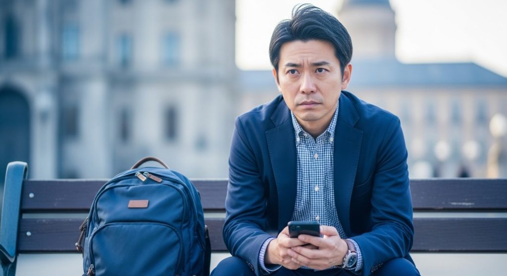 楽しいはずの旅行も、家のことが気になって不安な男性